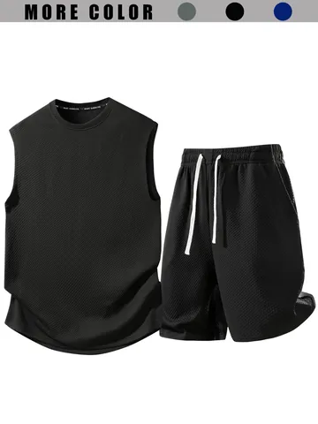 Herren Sommer Casual Ärmelloses T-Shirt Und Shorts Top And Bottom Jacquard Strick Atmungsaktive Sportbekleidung Für Fitnessstudio