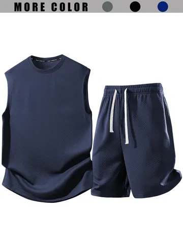 Herren Sommer Casual Ärmelloses T-Shirt Und Shorts Top And Bottom Jacquard Strick Atmungsaktive Sportbekleidung Für Fitnessstudio