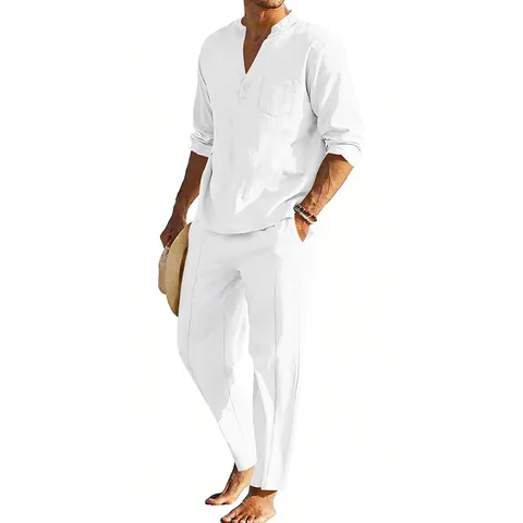 Heren Casual Linnenmix Top And Bottom Set Henley Kraag Shirt met Lange Mouwen Rechte Broek Amerikaanse Stijl Vakantie Outfit