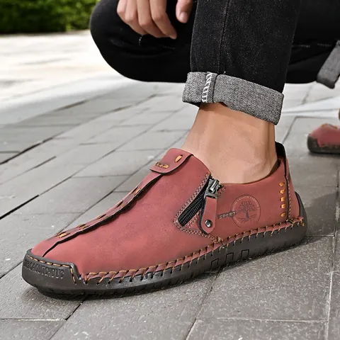 Mocassini Casual da Uomo Cuciti a Mano Scarpe da Guida Senza Lacci Con Cerniera Laterale Tomaia in Canapa Traspirante Suola in Gomma Resistente Taglie Forti