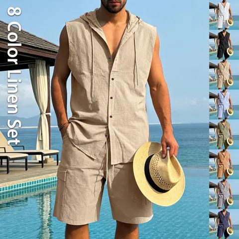 Men's Casual Linen Blend Sleeveless Hooded Shirt And Cargo Shorts Set 2 Piece Summer Beach Vacation Outfits