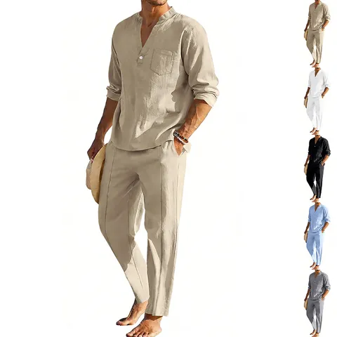 Heren Casual Linnenmix Top And Bottom Set Henley Kraag Shirt met Lange Mouwen Rechte Broek Amerikaanse Stijl Vakantie Outfit