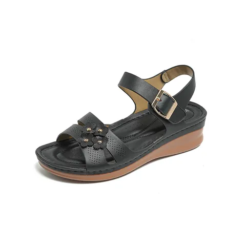 Women's Western Wedge Sandals Casual Hollow Flower Decoration Comfortable PU Leather Mid-Heel Beach Shoes For Daily Summer Wear
