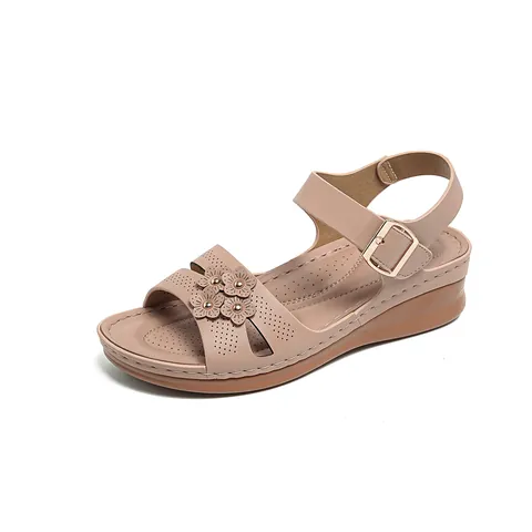 Women's Western Wedge Sandals Casual Hollow Flower Decoration Comfortable PU Leather Mid-Heel Beach Shoes For Daily Summer Wear