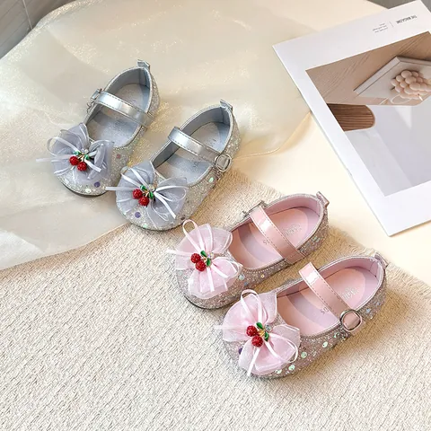 Chaussures Mary Jane Princesse pour Filles avec Nœud en Strass et Paillettes Chaussures de Cristal avec Cerise Semelle Souple Antidérapante pour Fête Mariage