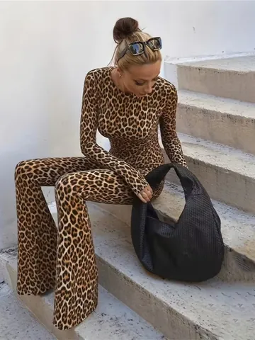 Women Leopard Print Backless Jumpsuit Round Neck Long Sleeve Flare Leg High Waist Slim One Piece Romper Bodysuit Sexy Clubwear