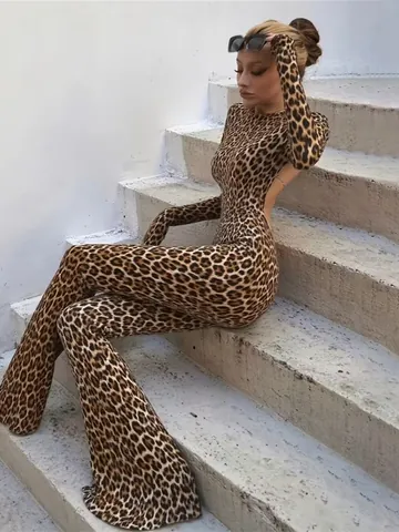 Women Leopard Print Backless Jumpsuit Round Neck Long Sleeve Flare Leg High Waist Slim One Piece Romper Bodysuit Sexy Clubwear