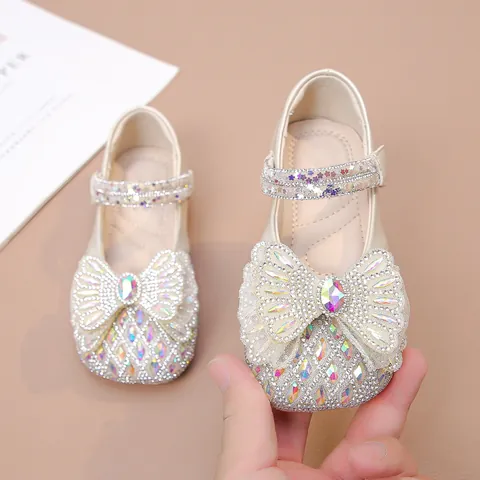 Mädchen Prinzessin Kristalle Schuhe Glänzend Strass Schleife Leder Kleidschuhe Für Hochzeit Party Formelle Anlässe Kinder Flache Schuhe
