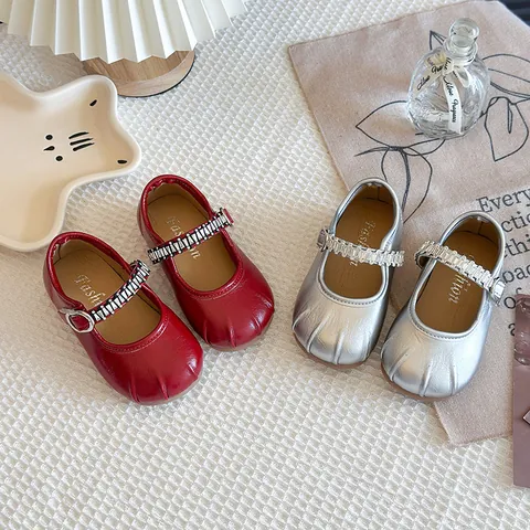 Scarpe Mary Jane per Ragazze in Stile Francese Ballerine Piatte per Esibizione Con Fibbia in Strass Pelle PU Suola Morbida Scarpe Singole