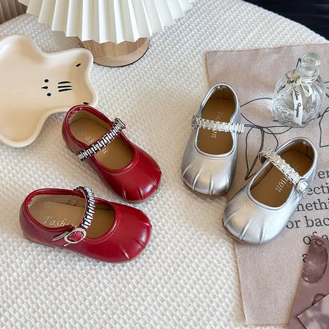 Mädchen Mary Jane Schuhe Im Französischen Stil Ballett Flache Tanzschuhe Mit Strass-Schnalle PU Leder Weiche Sohle Einzelschuhe