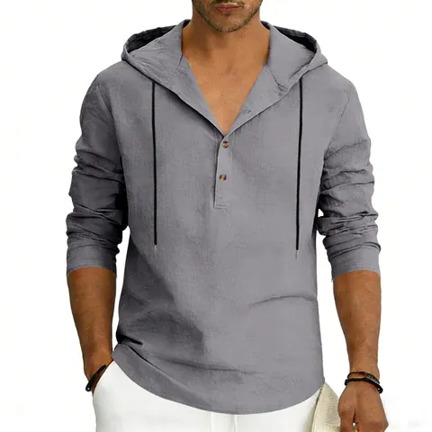 Men's Linen Henley Hoodie Shirt Long Sleeve Casual Breathable Solid Color Beach Spring Autumn Fashion Lightweight Top
