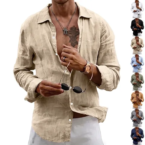 Men Loose Linen Shirt Solid Color Button Down Casual Long Sleeve Top Thin Lapel Cardigan Breathable Comfortable Fashion Spring Apparel