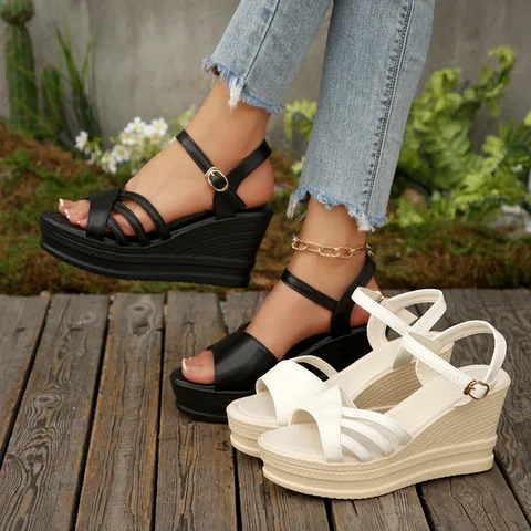 Sandali con Zeppa e Plateau Donna Estate Cinturino Incrociato Stile Romano Tacchi Alti Espadrillas Casual Suola Testurizzata Scarpe Quotidiane