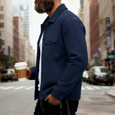 Men's Slim Fit Casual Jacket Lapel Single Breasted Workwear Style Coat With Double Chest Pockets Solid Color Fall Outerwear