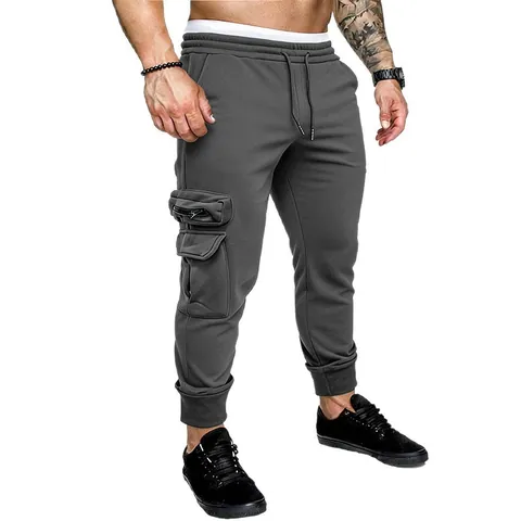 Men Casual Fleece Lined Cargo Pants Multi Pocket Drawstring Joggers Solid Color Warm Winter Knitted Sweatpants Fashion Trousers