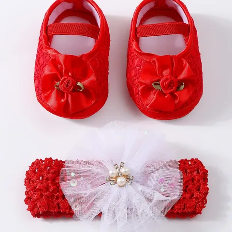 Baby Girls Princess Shoes And Headband Set Infant Lace Floral Bow Soft Sole Baptism Wedding First Birthday Shoes Gift