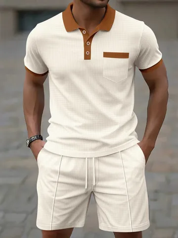 Men Waffle Knit Polo Shirt And Shorts Set Color Block Short Sleeve Summer Casual Sporty Top And Bottom