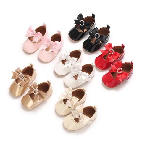 Infant Baby Girl Mary Jane Princess Shoes Shiny PU Leather Large Bow Rhinestone Soft Sole Toddler First Walkers For Wedding Party
