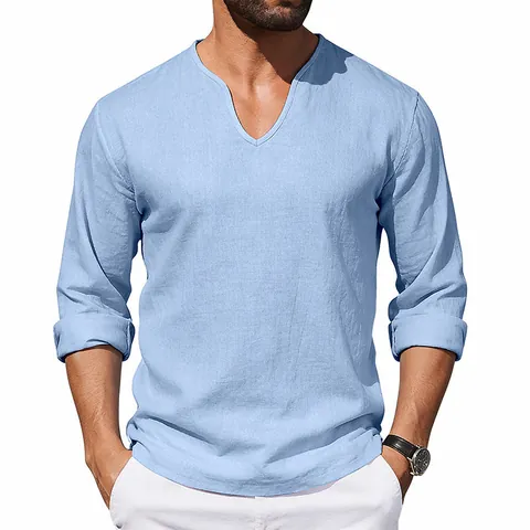 Heren Casual Linnenmix T-Shirt met Lange Mouwen V-hals Ruime Pasvorm Amerikaanse Stijl Geweven Effen Kleur Strand Vakantie Top