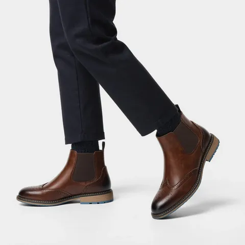 Men Vintage Brogue Chelsea Boots PU Leather Carved Ankle Boots Casual Business Fashion Non-Slip British Style Short Boots