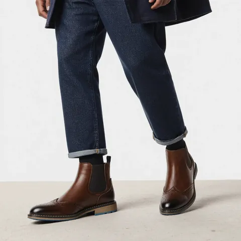 Men Vintage Brogue Chelsea Boots PU Leather Carved Ankle Boots Casual Business Fashion Non-Slip British Style Short Boots