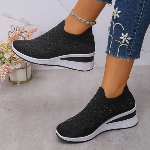 Women's Slip-on Wedge Sneakers Rhinestone Fly-knit Breathable Platform Casual Shoes Vintage Thick Sole Height Increasing Walking Shoes