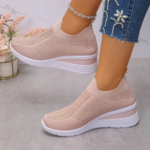 Women's Slip-on Wedge Sneakers Rhinestone Fly-knit Breathable Platform Casual Shoes Vintage Thick Sole Height Increasing Walking Shoes