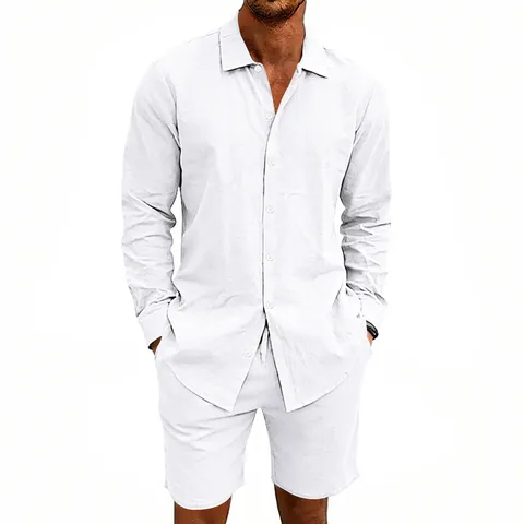 Men Summer American Casual Linen Long Sleeve Button Up Shirt And Loose Shorts Top And Bottom Beach Outfit Holiday Wear