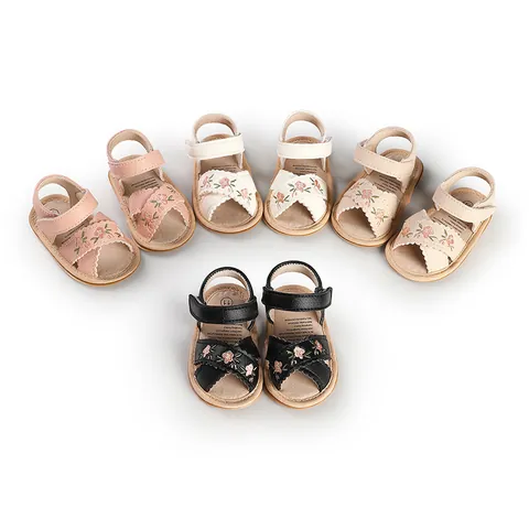 Baby Girls First Walker Sandals Floral Embroidery Scalloped Edge Soft Sole Princess Infant Toddler Summer Shoes
