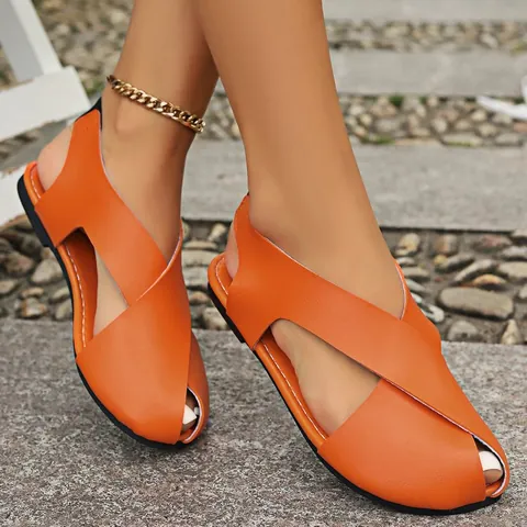 2025 Women's Casual Flat Roman Sandals Peep Toe Cross Strap Soft PU Leather Breathable Beach Sandals For Summer Outdoor Large Size