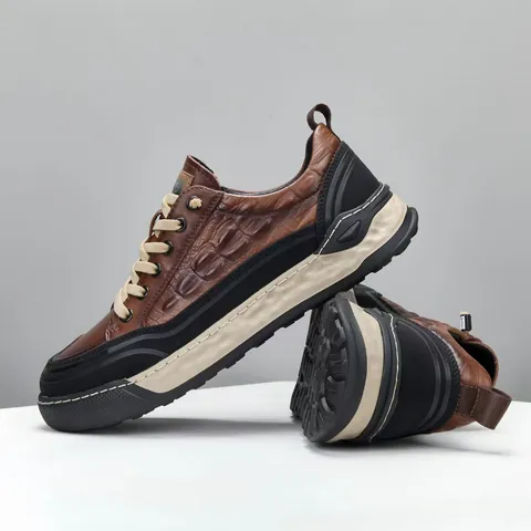 Chaussures de Skate Décontractées pour Hommes Cuir de Vachette Plateforme Baskets Motif Crocodile Mode