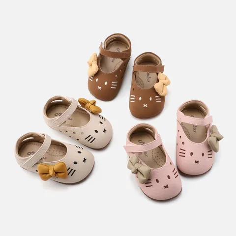 Baby Girls Princess Shoes Cartoon Cat Face Soft Sole Pre-walker Toddler Shoes With Bow Hollow-out Breathable First Walkers