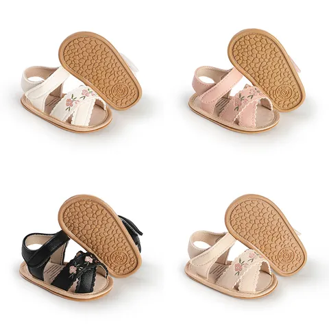 Baby Girls First Walker Sandals Floral Embroidery Scalloped Edge Soft Sole Princess Infant Toddler Summer Shoes