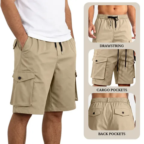 Men Casual Cargo Shorts Multi Pockets Drawstring Elastic Waist Summer Breathable Loose Fit Outdoor Daily Wear Fashion Bottoms