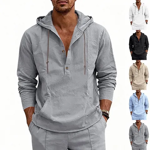 Heren Linnen Henley Shirt Met Capuchon Lange Mouw Ademend Casual Amerikaanse Stijl Zomer Strand Vakantie Ruime Pasvorm Top