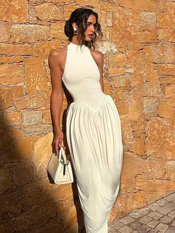 Abito da Donna Sexy a Lupetto Senza Maniche con Orlo Irregolare Increspato Bodycon Maxi Abito Tinta Unita Slim Moda Sera