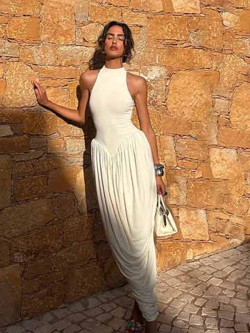 Abito da Donna Sexy a Lupetto Senza Maniche con Orlo Irregolare Increspato Bodycon Maxi Abito Tinta Unita Slim Moda Sera