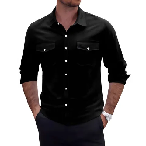 Chemise en Lin Décontractée pour Homme Manches Longues Boutonnée Double Poches Couleur Unie Coupe Ample Top de Plage