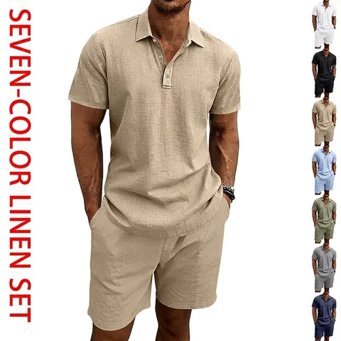 Men Summer Linen Polo Shirt And Shorts Top And Bottom American Loose Plus Size Breathable Vacation Casual Beach Outfit
