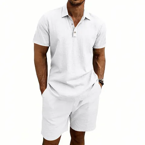 Men Summer Linen Polo Shirt And Shorts Top And Bottom American Loose Plus Size Breathable Vacation Casual Beach Outfit