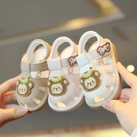 Summer Baby Toddler Sandals Cartoon Monkey Soft Sole Anti-Slip Squeaky Shoes For Boys Girls Synthetic Leather Hook Loop