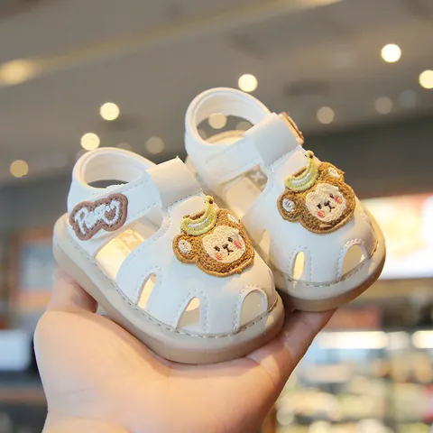 Summer Baby Toddler Sandals Cartoon Monkey Soft Sole Anti-Slip Squeaky Shoes For Boys Girls Synthetic Leather Hook Loop