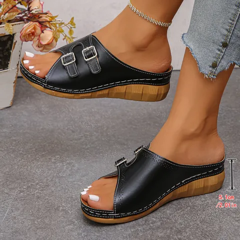 Pantofole con Zeppa Casual da Donna in Pelle PU a Punta Aperta con Doppia Fibbia Mules Traforate al Laser Sandali con Plateau Venature del Legno Scarpe Estive