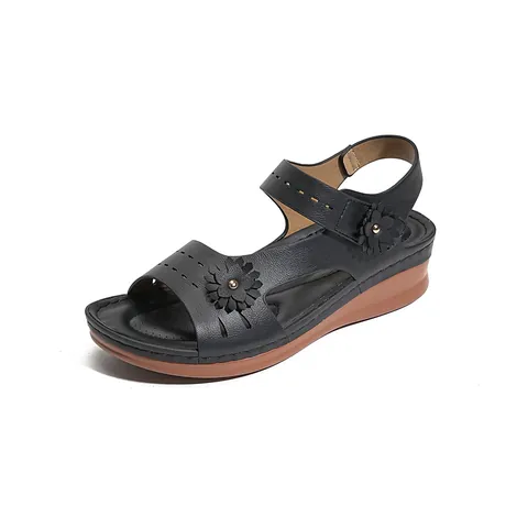 Sandales Compensées Décontractées pour Femmes Floral Plateau Chaussures de Plage Été Avec Fermeture Auto-agrippante Cuir Synthétique