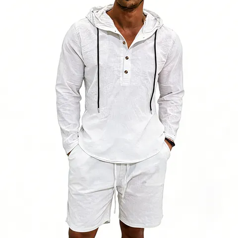 American Style Men Loose Breathable Polyester Hooded Long Sleeve Shirt Shorts Top And Bottom Solid Color Casual Leisure Apparel