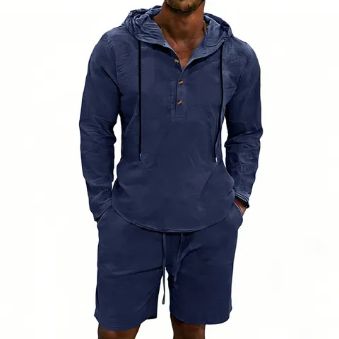 American Style Men Loose Breathable Polyester Hooded Long Sleeve Shirt Shorts Top And Bottom Solid Color Casual Leisure Apparel