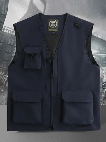 Men Outdoor Multi-pocket Work Utility Vest Breathable Fishing Photography Sleeveless Vest Zipper Jacket Solid Color Top