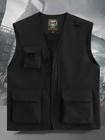 Men Outdoor Multi-pocket Work Utility Vest Breathable Fishing Photography Sleeveless Vest Zipper Jacket Solid Color Top