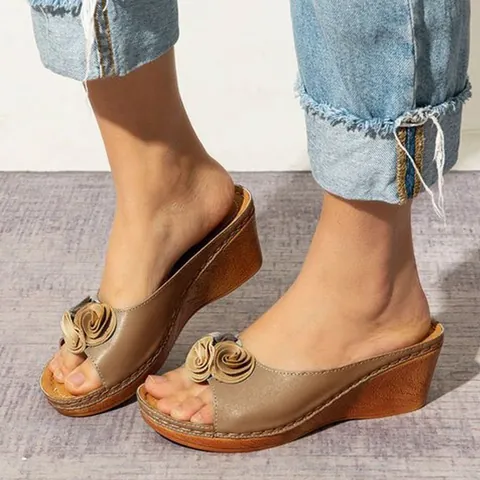 Sandali con Zeppa e Plateau da Donna con Fiori Open Toe Suola Spessa Mules Retro Fiori Decor Casual Estate Paglia Slides Scarpe da Spiaggia Boho