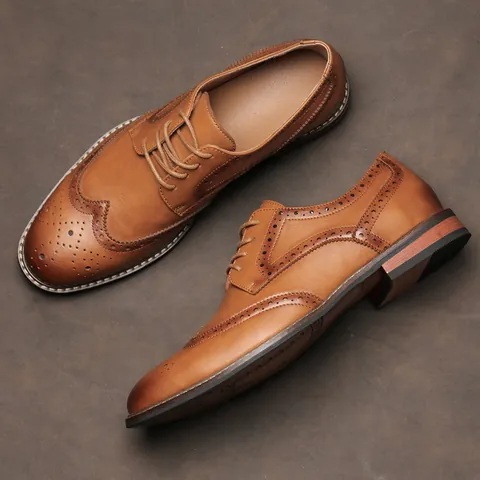 Men Classic Brogue Derby Shoes Wingtip Carving Business Formal Dress Shoes PU Leather Wedding Party Footwear